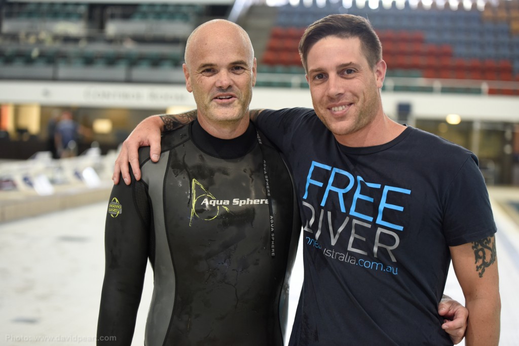 Leigh Woolley with friend and training partner Lewis Jones after his record breaking 184m DNF swim - Photo by David Peart
